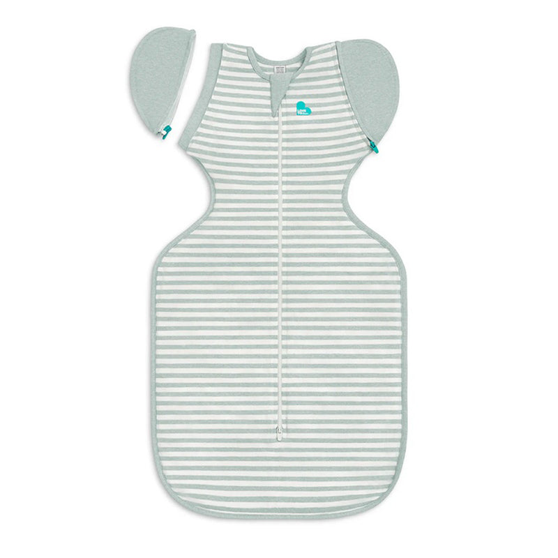 The Love To Dream Swaddle Up Transition Bag 0.2T Stretch Cotton Stripe Olive features zip-off wings, a center zipper, and is hip-healthy for babies. Shown in gray and white stripes on a white background.