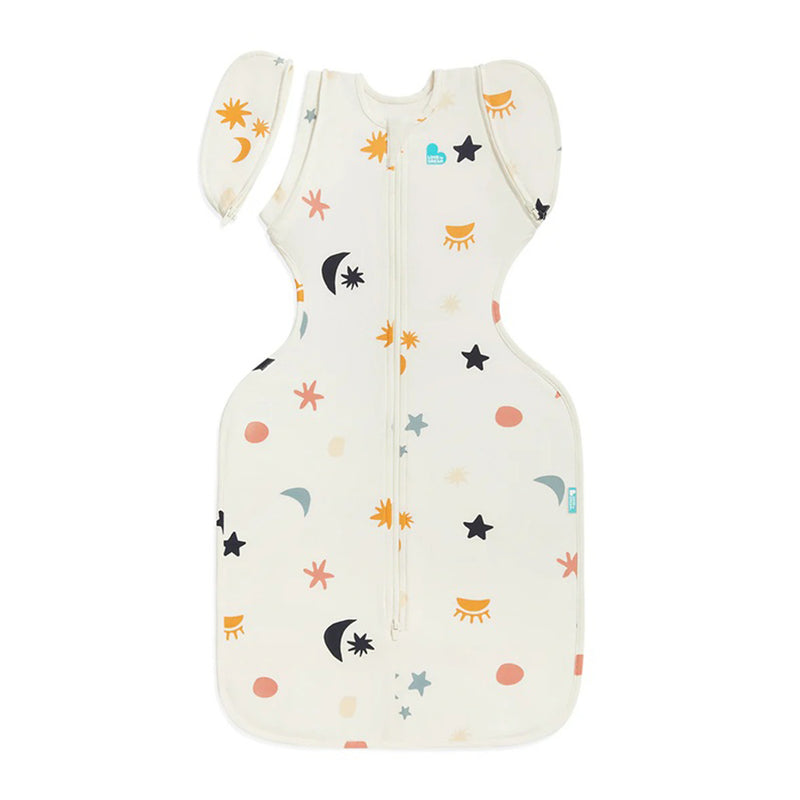 The Love To Dream Swaddle Up Transition Bag 1.0T Organic Stretch Cotton Lunar Buff features hip-healthy design, zipped front, wing-shaped sleeves, and a vibrant lunar print—ideal for an easy baby swaddle transition.