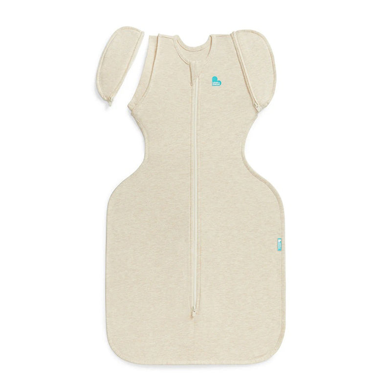 The Love To Dream Swaddle Up Transition Bag 1.0T Stretch Cotton Oatmeal features detachable zippered sleeves and a front zipper, offering safe, comfortable infant sleep—perfect as a baby sleeping bag or transition bag.
