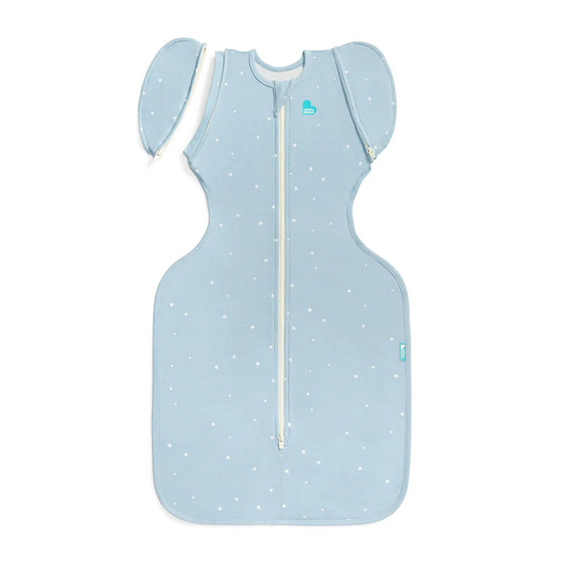 The Love To Dream Swaddle Up Transition Bag 1.0T in Twinkle Powder Blue features soft stretch cotton, a front zipper, detachable sleeves beside the sack, small white dots, and a top logo—a hip-healthy sleeping bag for your baby.