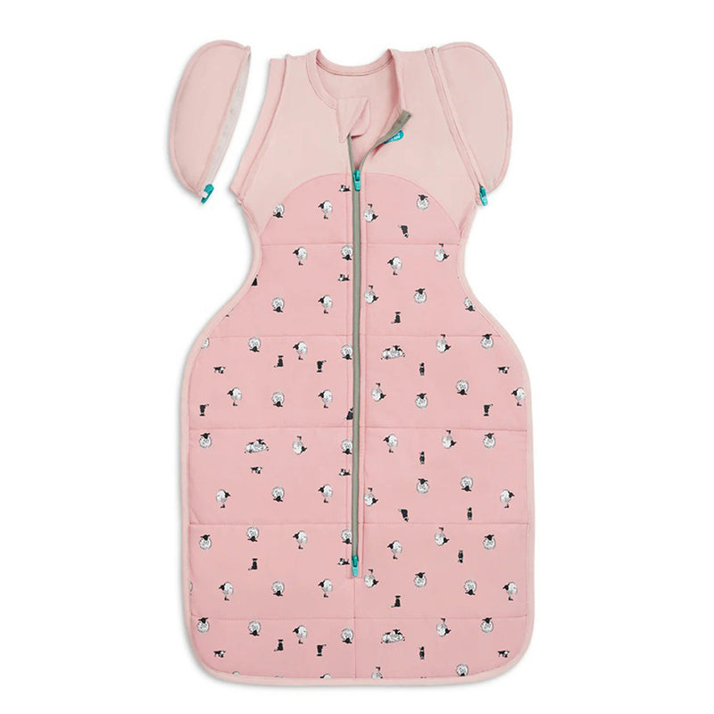The Love To Dream Transition Swaddle Up 2.5 Rose Lambs Best Friend, by Love To Dream, features a pink color, front zipper, detachable sleeves, and a white sheep pattern—ideal as a swaddle transition bag for your baby’s cozy nights.
