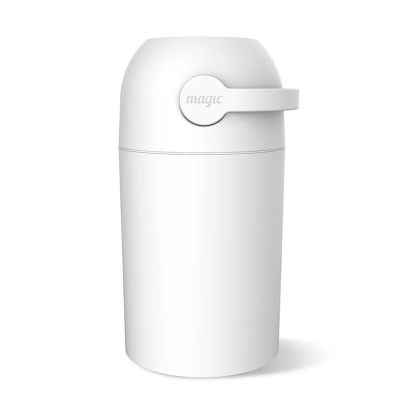 The Magic Majestic Nappy Bin by Magic is a white, cylindrical, odourless bin with a rounded lid and side lever, featuring a minimalist design with smooth surfaces—ideal for discreet baby nappy disposal.