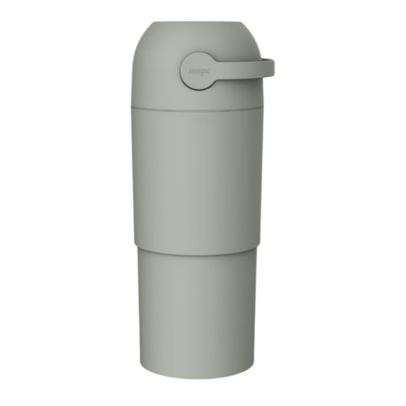 A minimalist, matte gray travel mug with a lid and slim top handle mirrors the sleek, cylindrical design of the Magic Toth Nappy Bin by Magic—both featuring modern style and practicality.