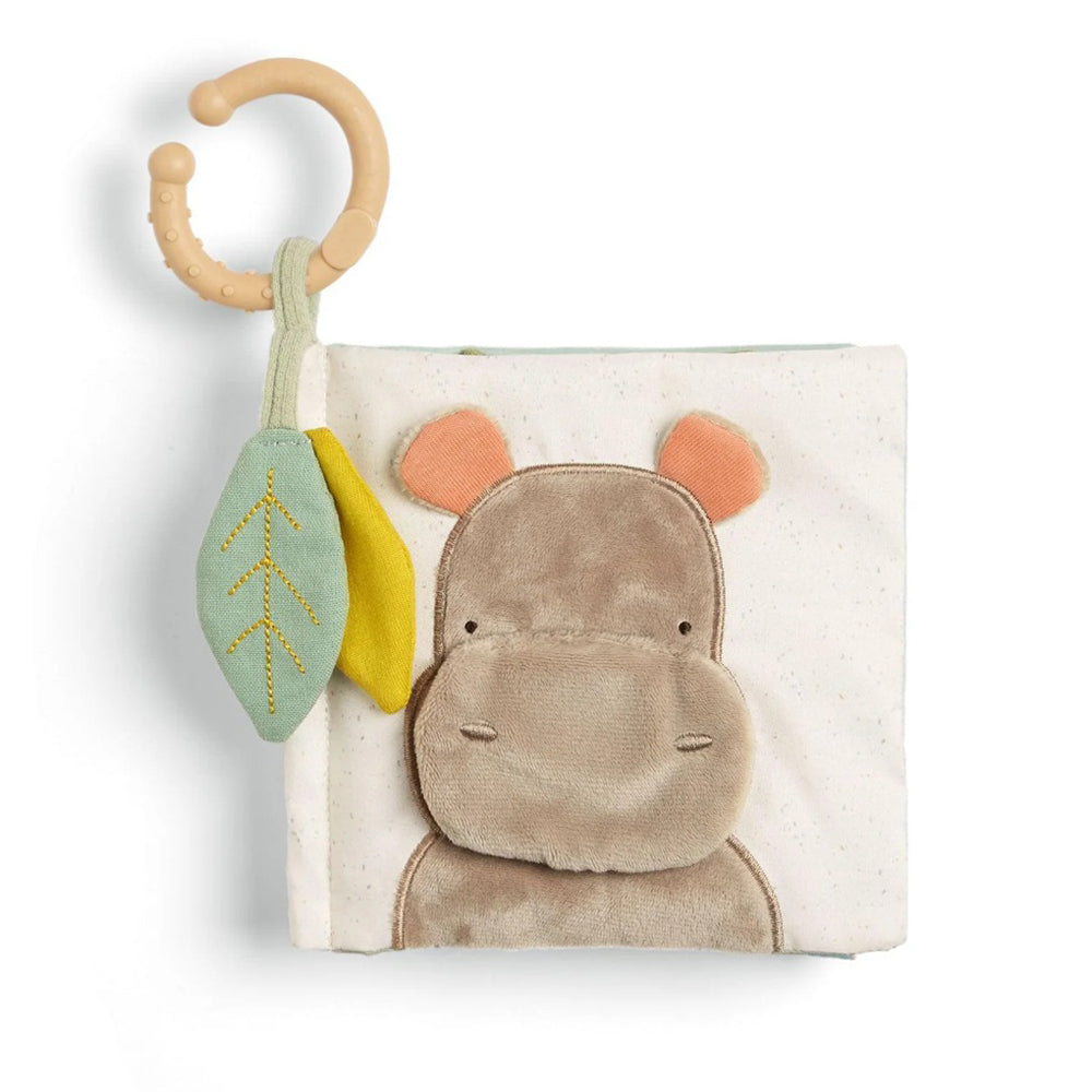 The Mamas & Papas Activity Book Safari is a soft baby book featuring a plush hippo face, two fabric leaves, and a beige plastic ring handle—perfect as a sensory toy for little ones.