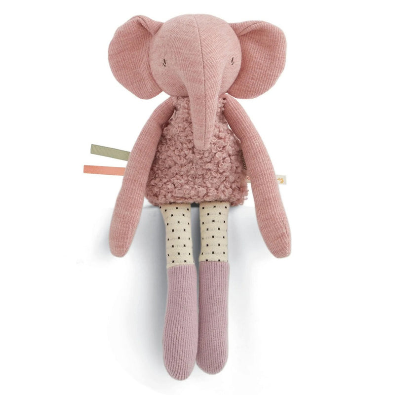 The Mamas & Papas Activity Toy Beanie Edie Elephant is a soft pink plush sensory toy with long limbs, polka-dot cream leggings, textured body, and ribbon tags—perfect as a newborn gift.