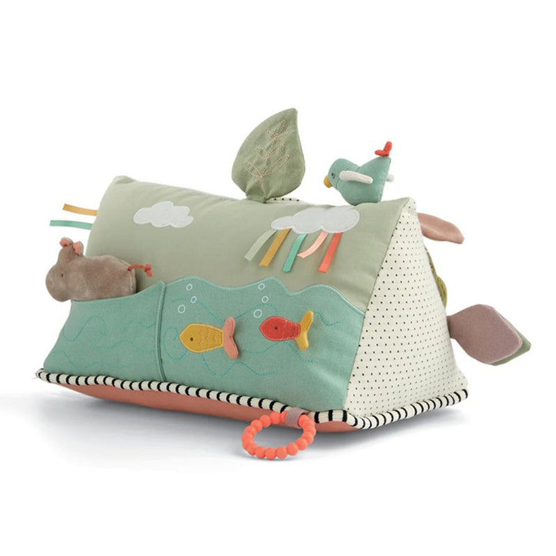 The Mamas & Papas Activity Triangle is a soft, tent-shaped toy in pastel colors with plush animals, fabric fish, clouds, leaves, textured tags, ring, and embroidered sea and landscape details for engaging baby tummy time.