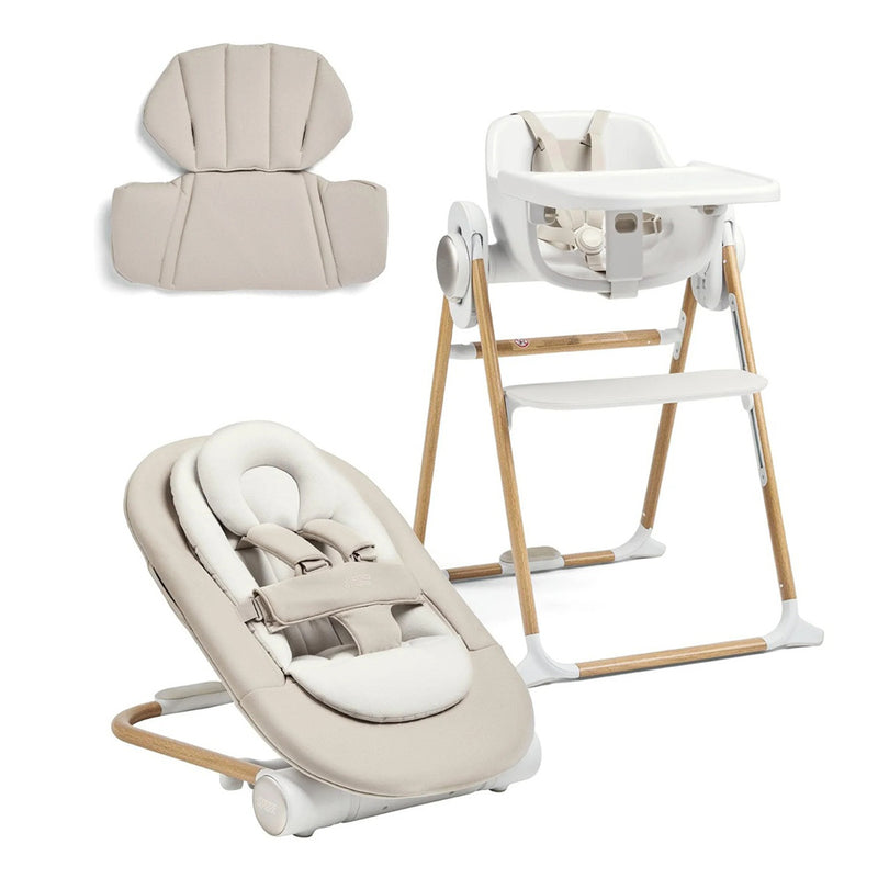 The Mamas & Papas Eno Highchair Newborn Bundle features a beige and white design with tray, reclining baby seat and harness, matching insert, adjustable seat height, and light wooden legs—perfect for weaning in style.