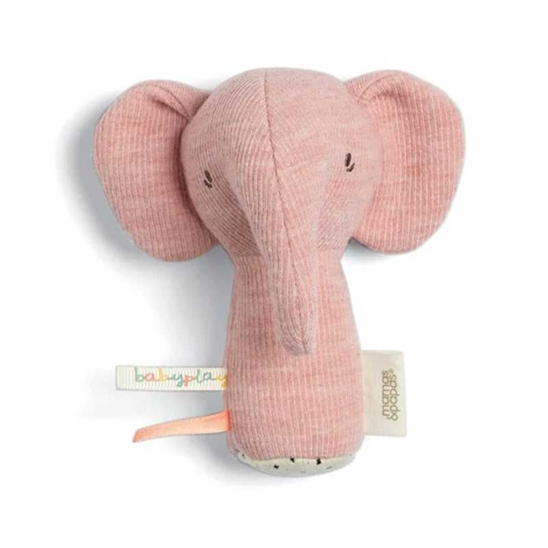 The Mamas & Papas Mini Rattle Edie Elephant is a soft pink elephant baby rattle with large ears, a long trunk, stitched eyes, and colorful fabric tags for sensory play. The engaging toy from Mamas & Papas is pictured on a white background.