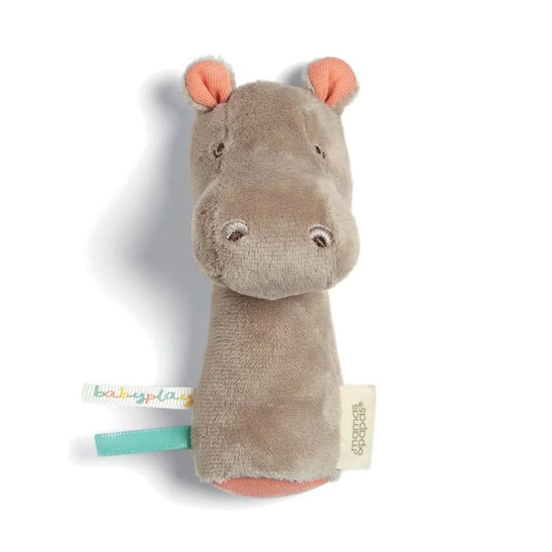The Mamas & Papas Mini Rattle Henry Hippo is a gray plush hippo baby rattle with pink inner ears, stitched eyes, and fabric tags—an adorable sensory toy and perfect newborn gift from Mamas & Papas.