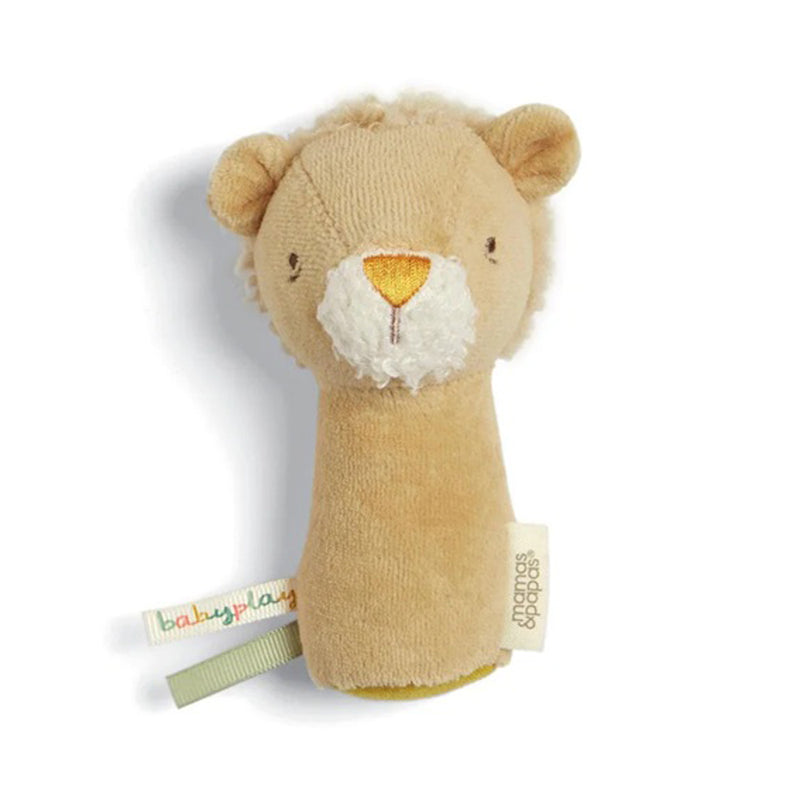 The Mamas & Papas Mini Rattle Lenny Lion is a soft, plush baby rattle with a beige body, white snout, yellow nose, and sensory fabric tags—ideal as a first gift. Shown on a white background. Brand: Mamas & Papas.