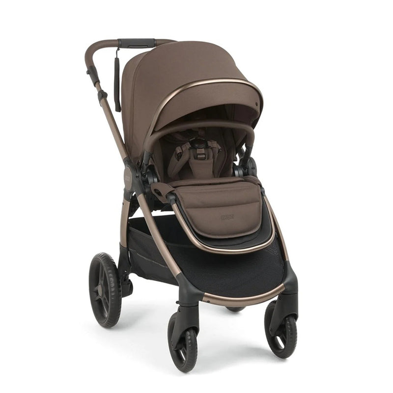 The Mamas & Papas Ocarro2 Pram in brown features a canopy, safety harness, padded seat, and large wheels; displayed at an angle on a white background—ideal for comfort and versatility across all terrains.