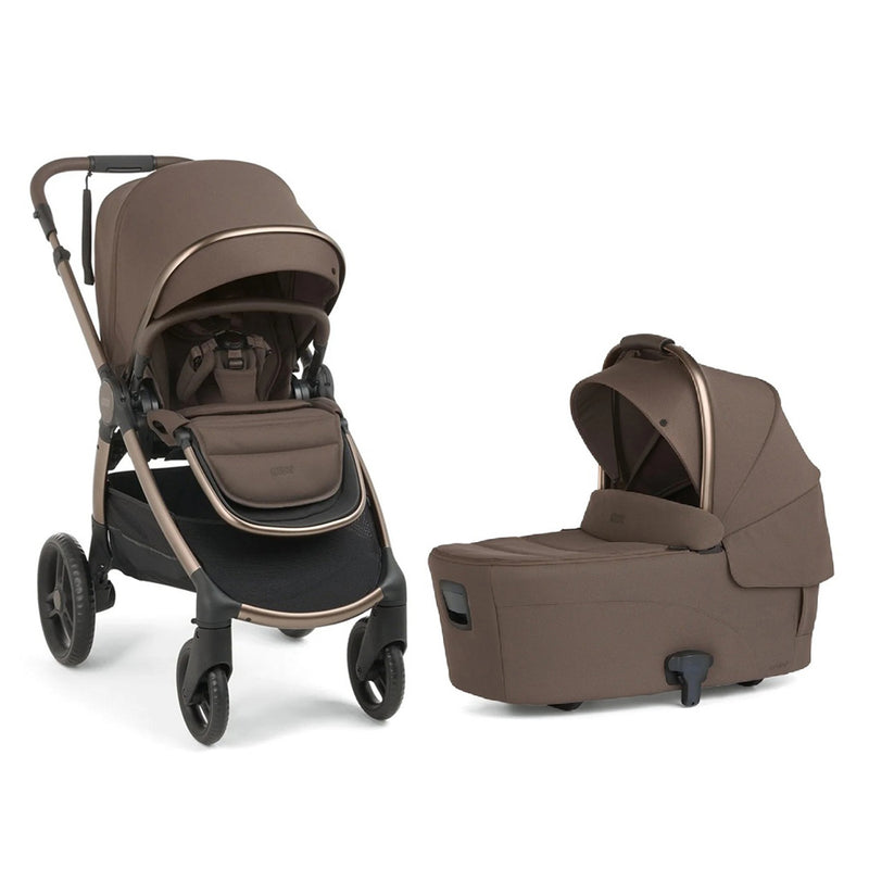 The Mamas & Papas Ocarro 2 + Ocarro 2 Bassinet Bundle is shown on a white background, featuring a brown all-terrain stroller with canopy and storage basket beside the matching detachable, hooded bassinet—ideal for newborns.