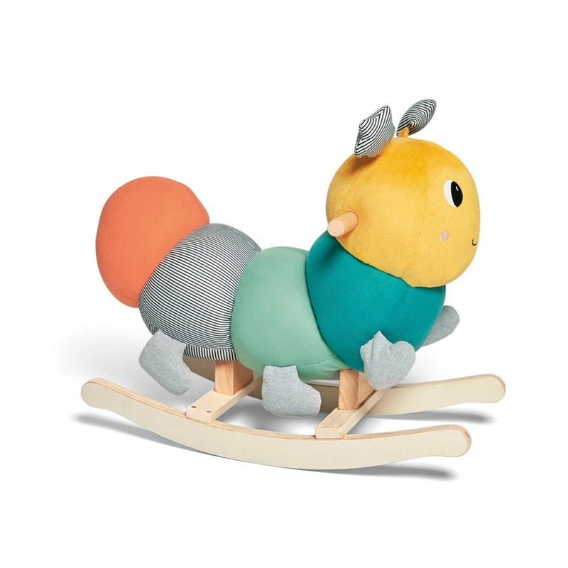 The Mamas & Papas Rocking Wildly by Mamas & Papas is a colorful plush caterpillar rocker with wooden handles and rockers, featuring a yellow head, orange tail, striped accents, and gray legs—a cute alternative to traditional baby rocking horses.