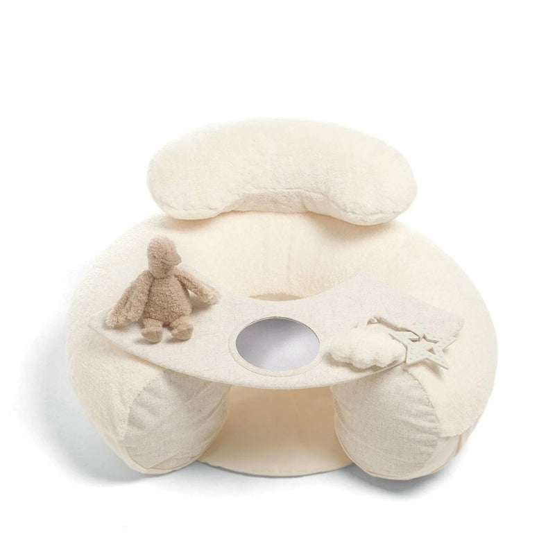 The Mamas & Papas Sit & Play Baby Floor Seat Welcome to the World Duckling features a cream soft seat, plush backrest, removable tray, round mirror, plush duck toy, and sensory star and cloud shapes for your baby’s development.