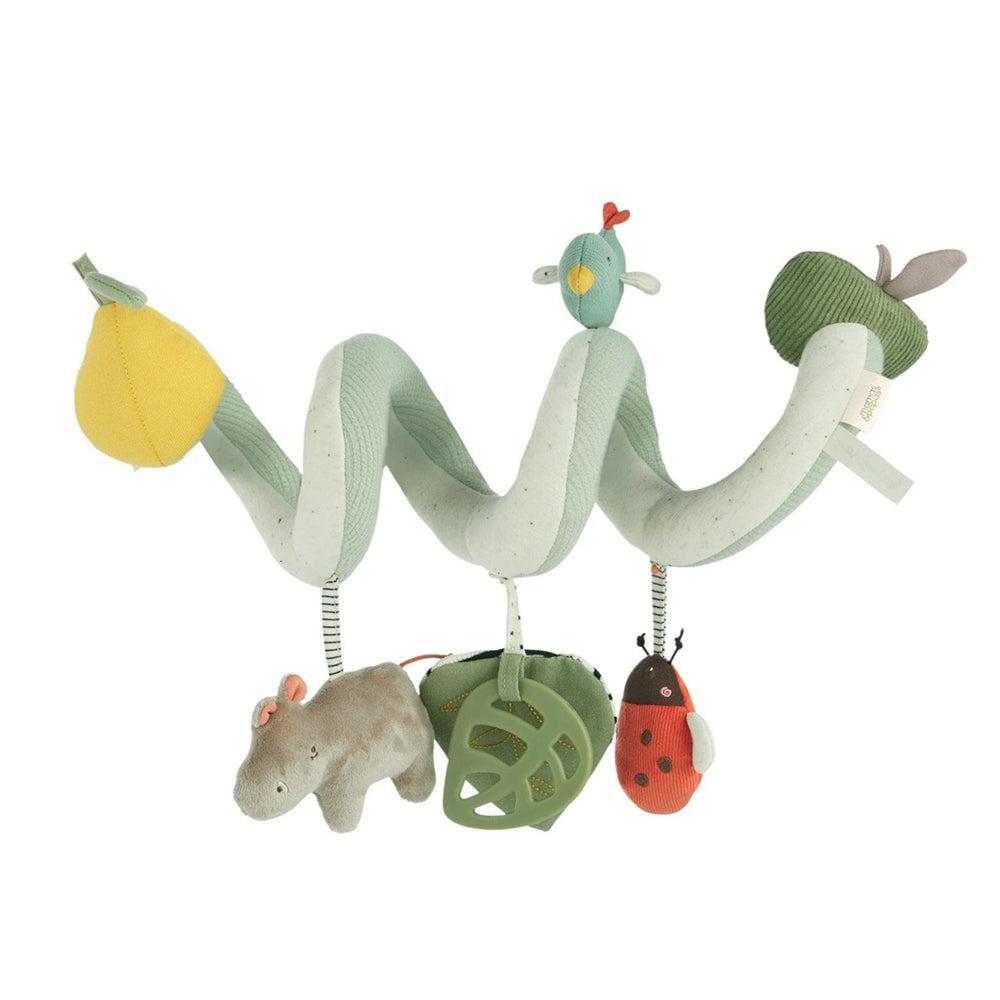 The Mamas & Papas Spiral Activity Toy Babyplay is a green safari-themed toy with plush pear, bird, hippo, leaf, and ladybug characters that wraps around crib rails or stroller handles for sensory play.