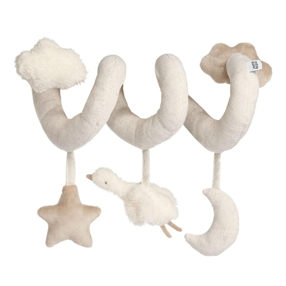 The Mamas & Papas Spiral Activity Toy Duckling features soft beige and cream plush shapes—a star, cloud, moon, and white duckling—designed for sensory development and wraps around crib rails or pushchair handles.