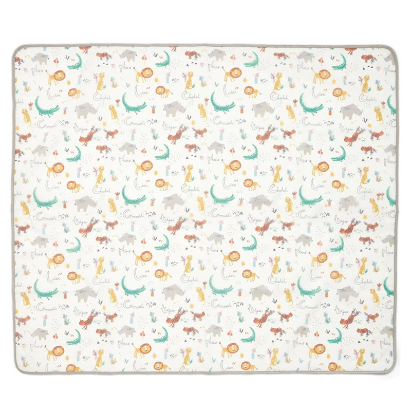 The Mamas & Papas Splash mat Jungle Alphabet is a rectangular baby blanket with a white background and playful safari animals—ideal as a mess-proof mat under the highchair and easy to wipe clean after mealtimes.