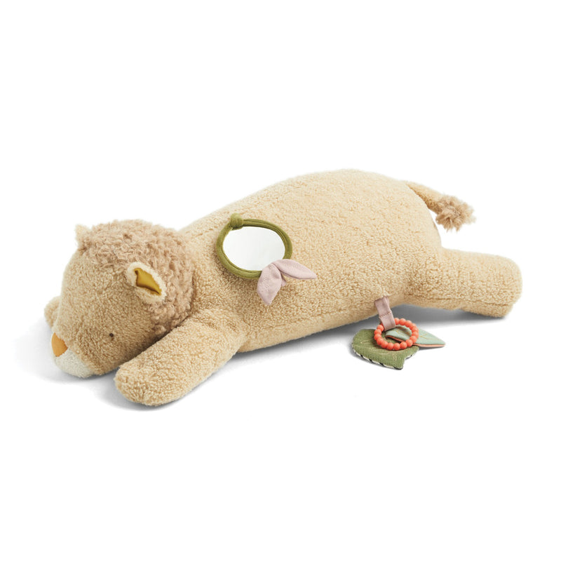 The Mamas & Papas Tummy Time Lion by Mamas & Papas is a plush sensory baby toy with a mirror on its back, a green fabric ring, and a leafy teether—ideal for tummy time fun.