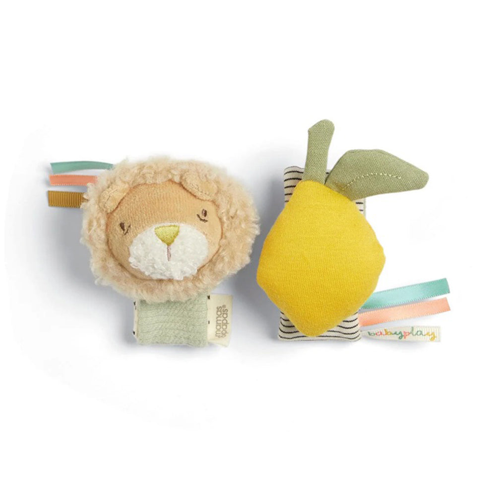 Mamas & Papas Wrist Rattles Lion/Lemon 2pk feature a soft lion face with pastel tags and a yellow lemon with green leaves—sensory toys perfect for motor skills development from trusted brand Mamas & Papas.