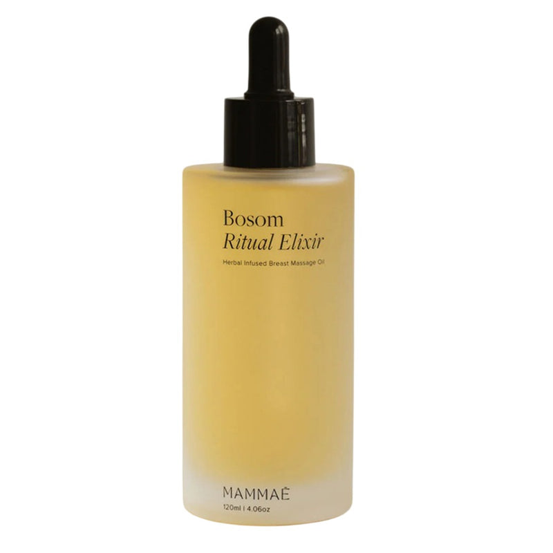 The Mammae Bosom Ritual Elixir Breast Massage Oil 120ml by Mammae comes in a frosted glass bottle with a black dropper cap, ideal for gentle breast massage and mastitis relief.
