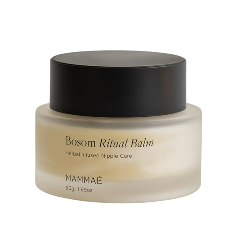 Mammae Bosom Ritual Nipple Balm 50g is the ideal balm for nursing mothers, offering soothing herbal care for cracked nipples in a sleek frosted glass jar with a black lid.