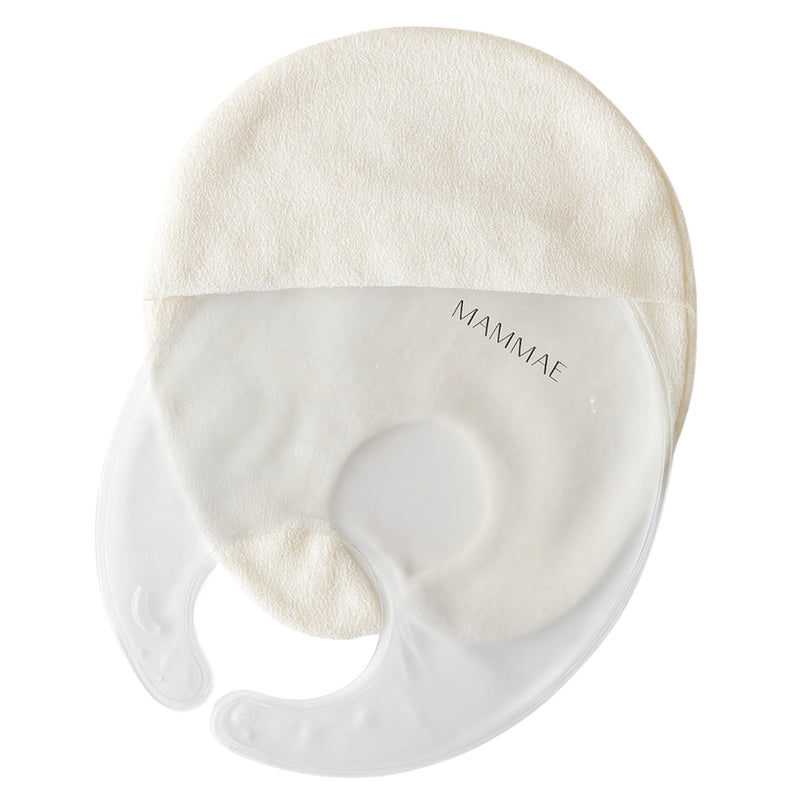 The Mammae Hot & Cold Thermal Therapy Breast Packs feature a circular cream fabric pad and a transparent crescent-shaped silicone pad printed with "MAMMAE," designed to provide effective breast therapy and lactation support.