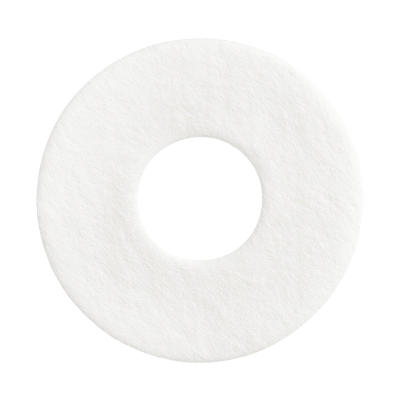 The Mammae Bosom Aloe Infused Hydrogel Adhesives 10pk by Mammae features round, white donut-shaped pads for breastfeeding comfort, shown on a plain white background.