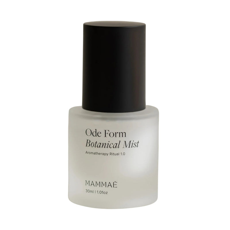 A frosted glass bottle with a black cap, labeled "Mammae Ode Form Botanical Mist 30ml" by Mammae, ideal for a soothing breastfeeding ritual, displayed against a white background.