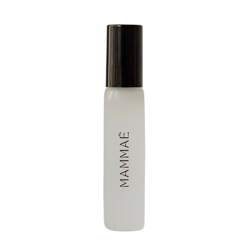 A frosted 5ml glass bottle with a black cap and "MAMMAE" printed vertically in black, featuring Mammae Ode Form Botanical Mist for enhancing your breastfeeding ritual, set against a plain white background.