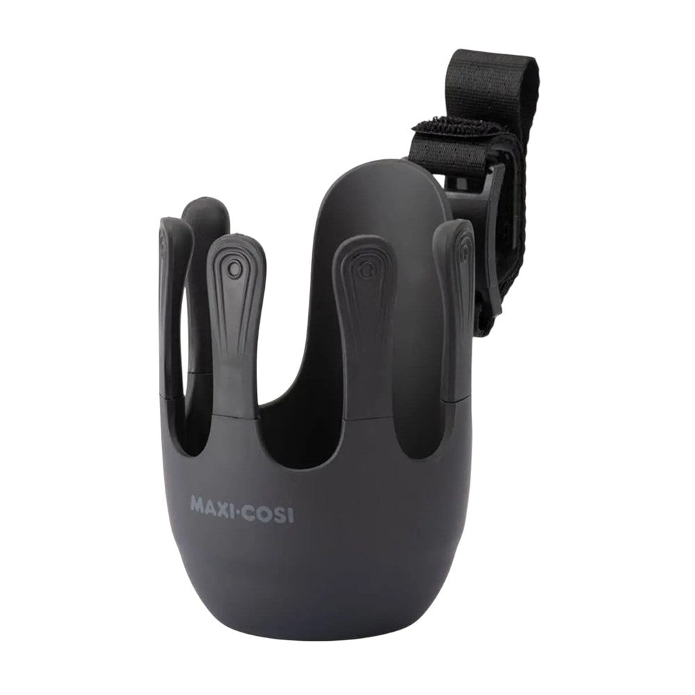 The Maxi Cosi Cup Holder by Maxi Cosi is a universal black stroller cup holder with flexible, petal-like grips and an adjustable strap for easy attachment, fitting most strollers.