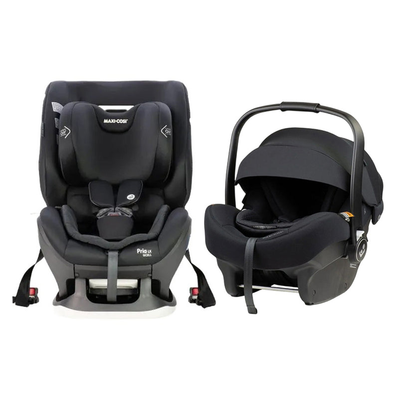 The Maxi Cosi Mico 12 LX Pro Isofix Capsule with handle and canopy sits next to the Pria LX GCell Isofix convertible car seat. This padded, safe Maxi Cosi bundle is ideal for your travel system.