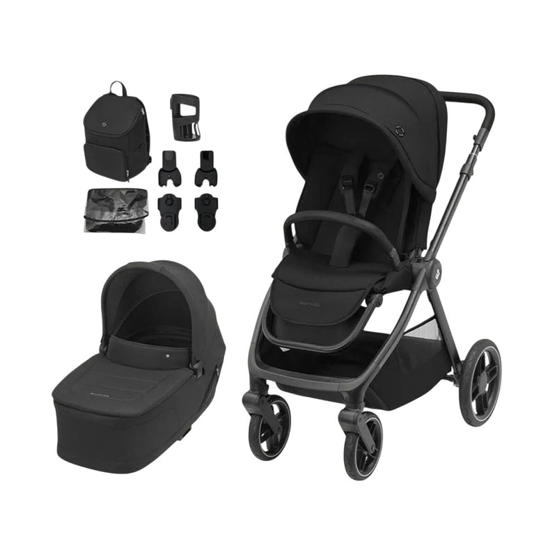 The Maxi Cosi Oxford Stroller V26 and Sense Bassinet, with adapters, cup holder, diaper bag, and rain cover by Maxi Cosi, are displayed in black on a white background.