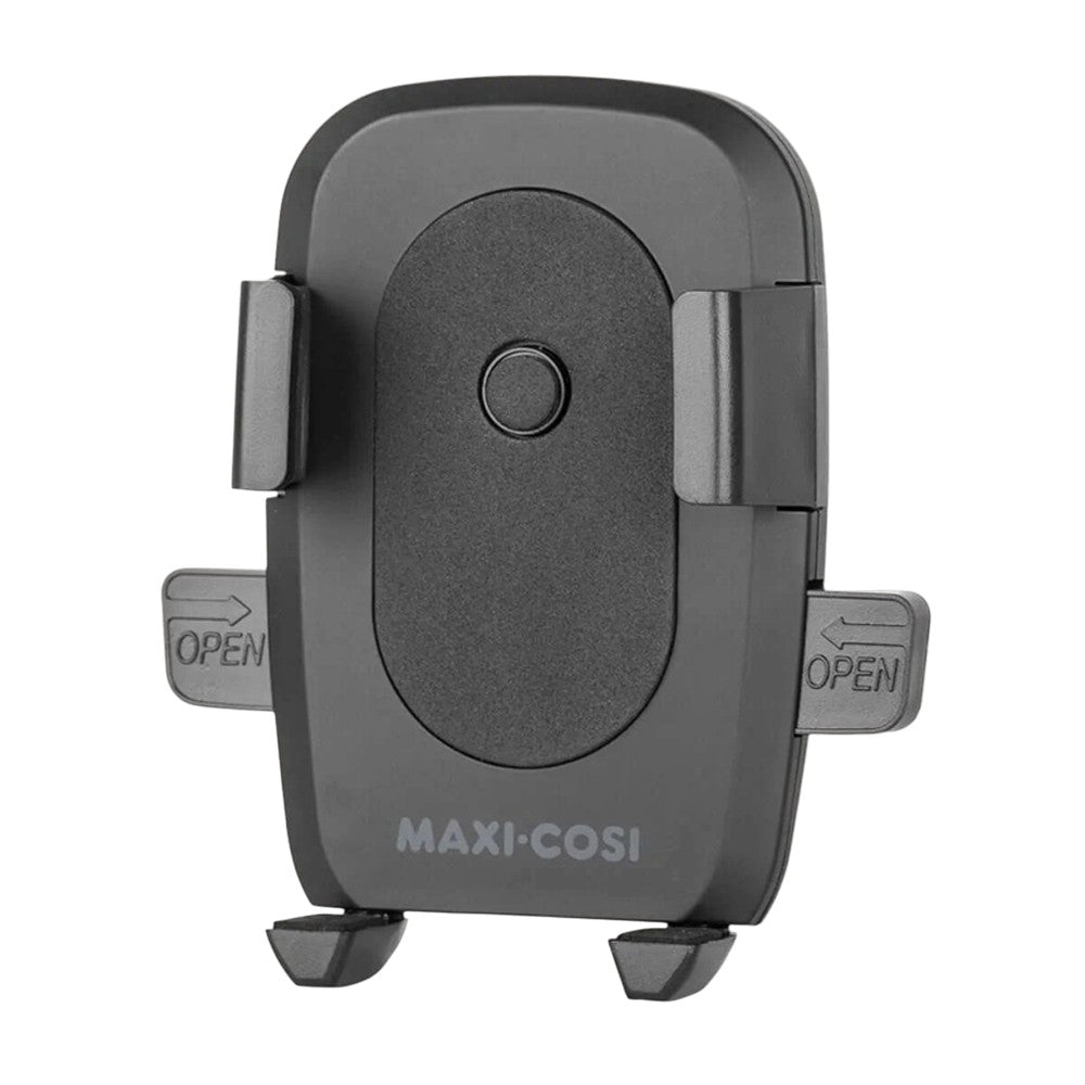 The Maxi Cosi Phone Holder is a black universal stroller accessory with "OPEN" labeled adjustable side grips and two lower supports, designed to securely hold your smartphone.