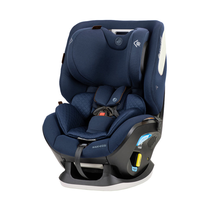 The Maxi Cosi Pria LX GCELL ISOFIX is a navy blue and black child car seat with padded sides, adjustable headrest, harness straps, security indicators, and ISOFIX compatibility for safe and easy installation.