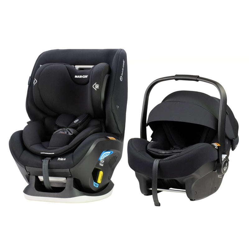 The Maxi Cosi Mico 12LX PRO Isofix Capsule & Pria LX Car Seat Bundle, both in black, are shown side by side against a white background, highlighting their child safety design and matching style.