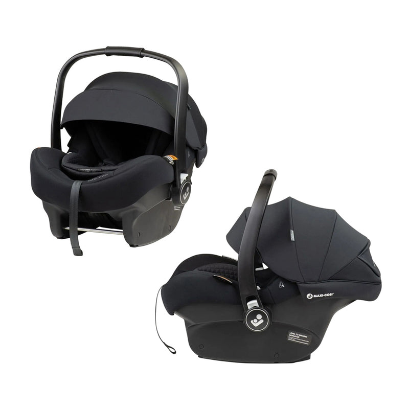 The Maxi Cosi Twin Mico 12LX PRO Isofix Capsule Bundle is shown in black from different angles, featuring the distinctive brand label, curved carry handle, and ISOFIX-compatible safety features.