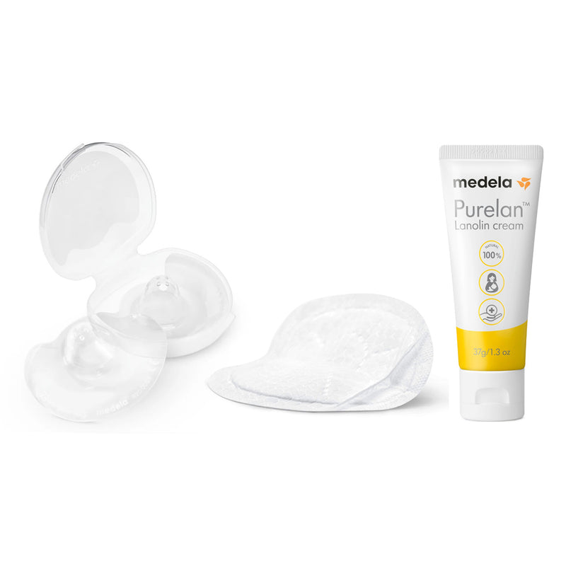 The Medela Breast Care Bundle by Medela includes a tube of lanolin cream, nipple shields with a case, and round disposable nursing pads, all displayed on a white background.