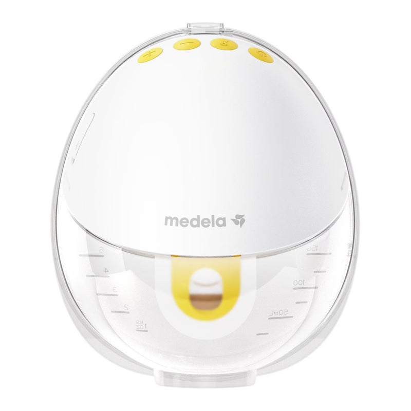 The Medela Motion InBra Wearable Pump Single features a white and yellow rounded design, has measurement markings, three yellow top buttons, and uses 2-Phase Expression technology for efficient, comfortable pumping.