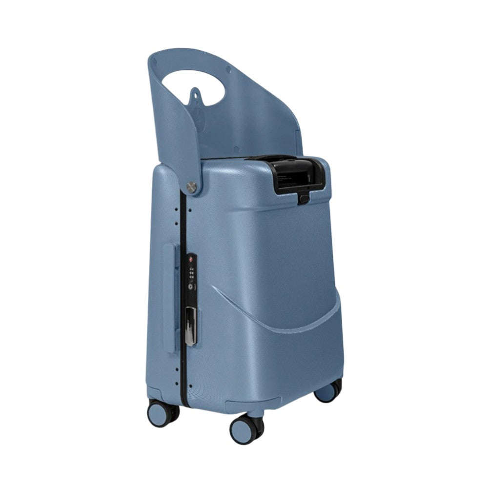 The MiaMily Miamily Multi Carry Luggage 18 in by MiaMily is a compact, blue suitcase with four wheels and a top handle for easy mobility, featuring side control buttons—just like a ride-on, portable and convenient.