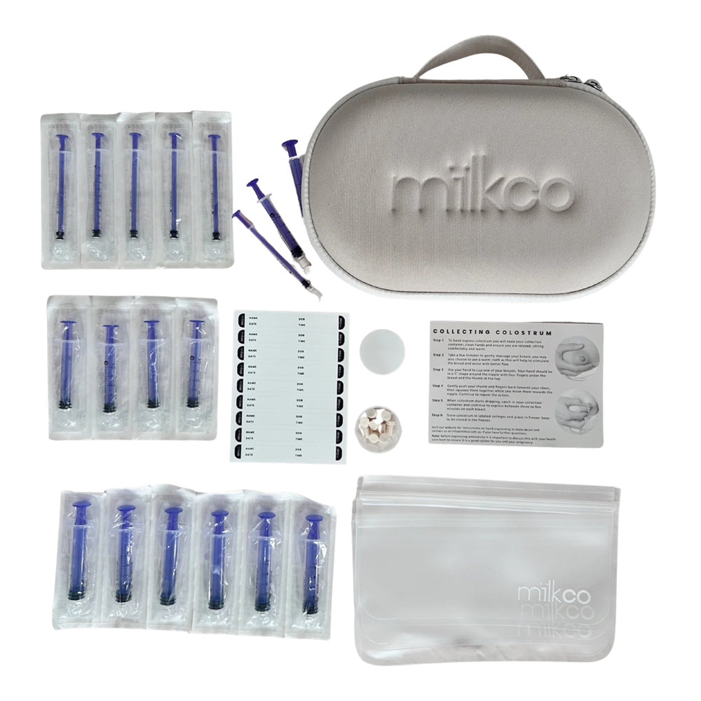 The Milkco Complete Colostrum Kit by Milkco features syringes, labeled storage bags, a Milkco zip pouch, an instruction card, and accessories—all neatly displayed on a white background.