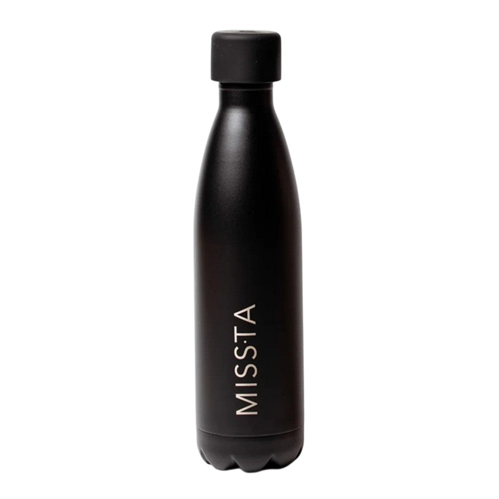 The Missta Baby Feeding Thermos by Missta is a matte black insulated bottle with a screw-on lid and “MISSTA” in white on its body, standing upright against a white background—perfect for stylish formula feeding.