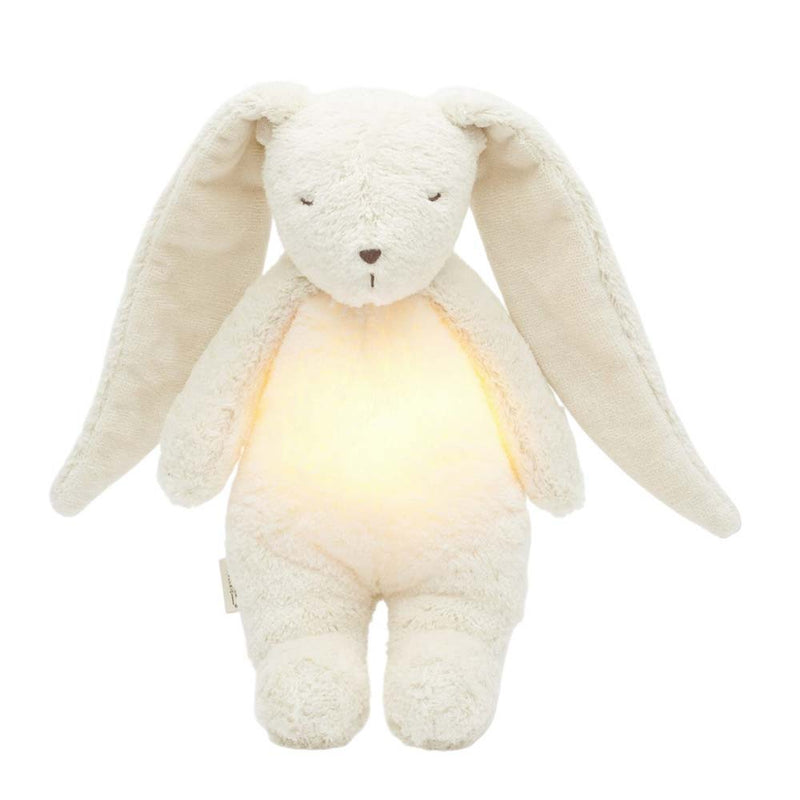 Moonie Organic Humming Bunny Polar by Moonie is a plush white bunny with long floppy ears and minimal features. Its glowing belly acts as a gentle night light, offering a soft, huggable texture for cozy baby cuddles and sleep aid.