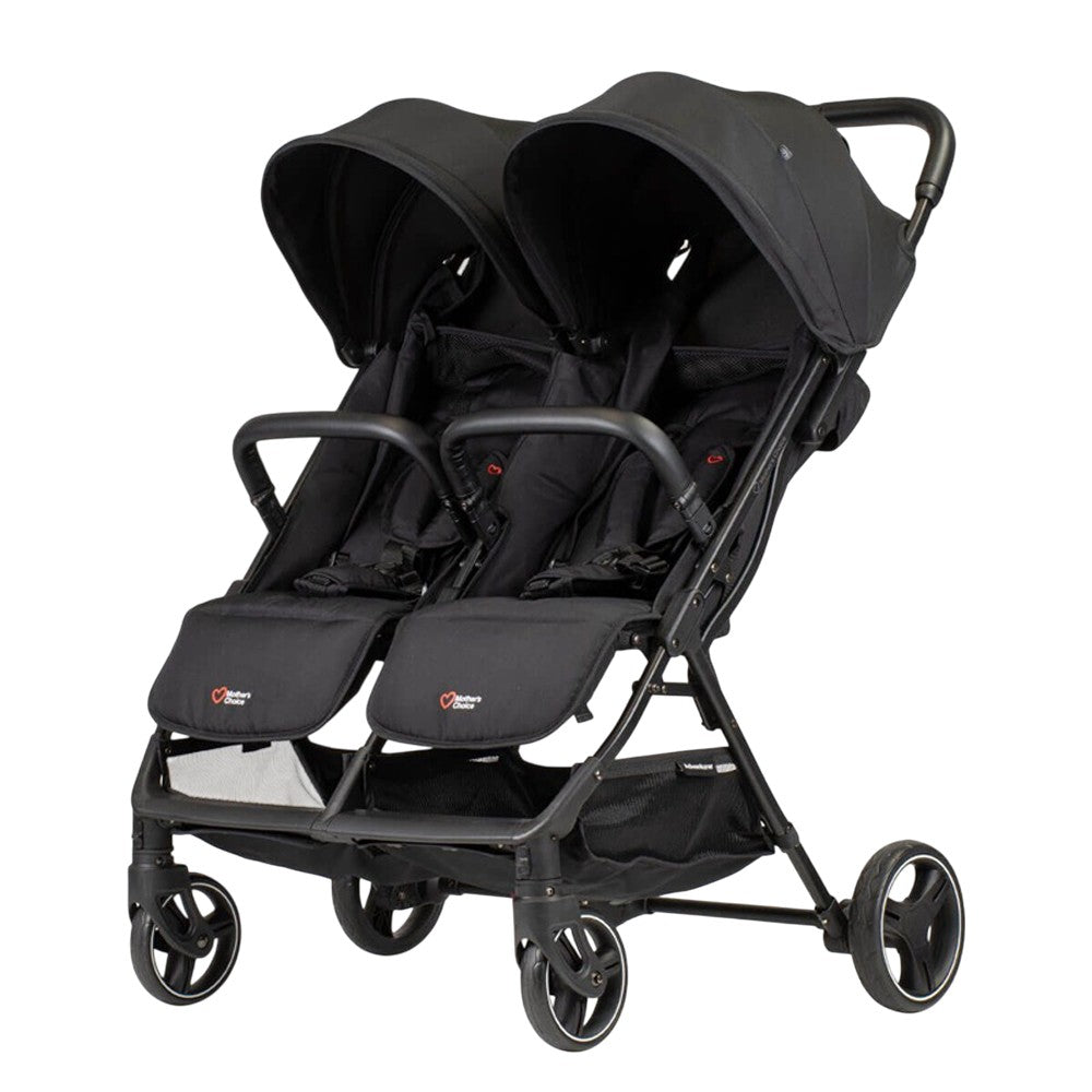 The Mothers Choice Adventurer Black double pram from Mothers Choice features two side-by-side seats, sun canopies, safety bars, and four wheels. Lightweight and newborn-ready, it's perfect for transporting two children at once.