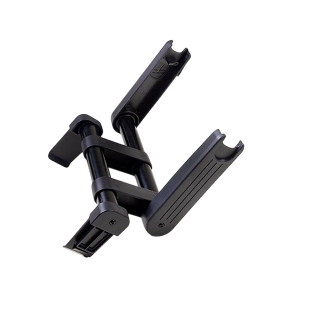 The Mountain Buggy Car Seat Adapter for V4 Duet by Mountain Buggy is a black adjustable wall mount bracket with two arms and clamps, ideal for holding devices or accessories like a travel adaptor or remote.