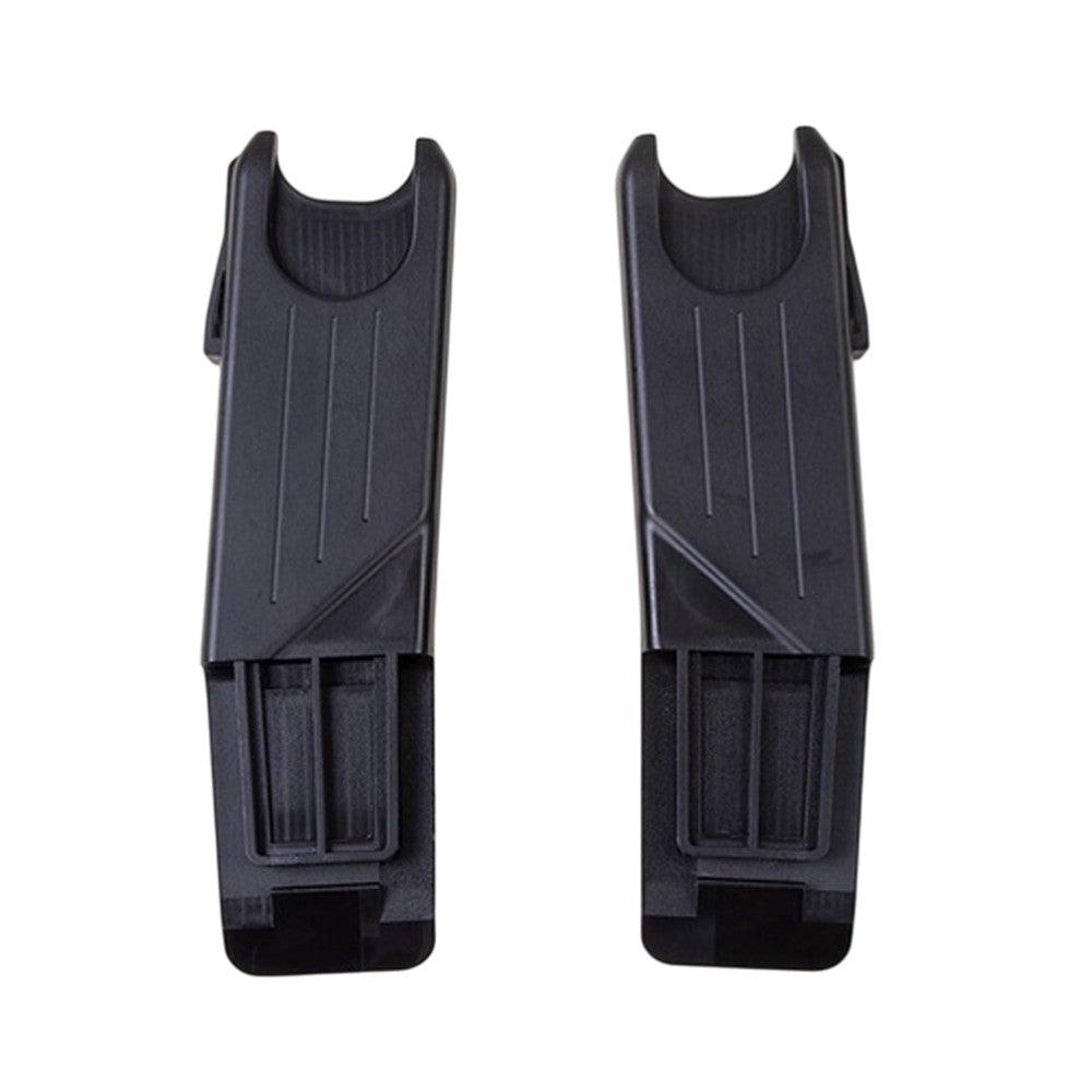 Two black plastic Mountain Buggy Car Seat Adaptors for V4 Urban Jungle, Terrain, and Cosmopolitan stand upright side by side on a white background.