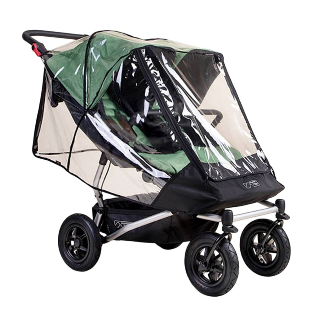The Mountain Buggy Duet Double Storm Cover from Mountain Buggy is a clear, water-resistant cover that shields your stroller seats, offering weather protection while maintaining visibility.