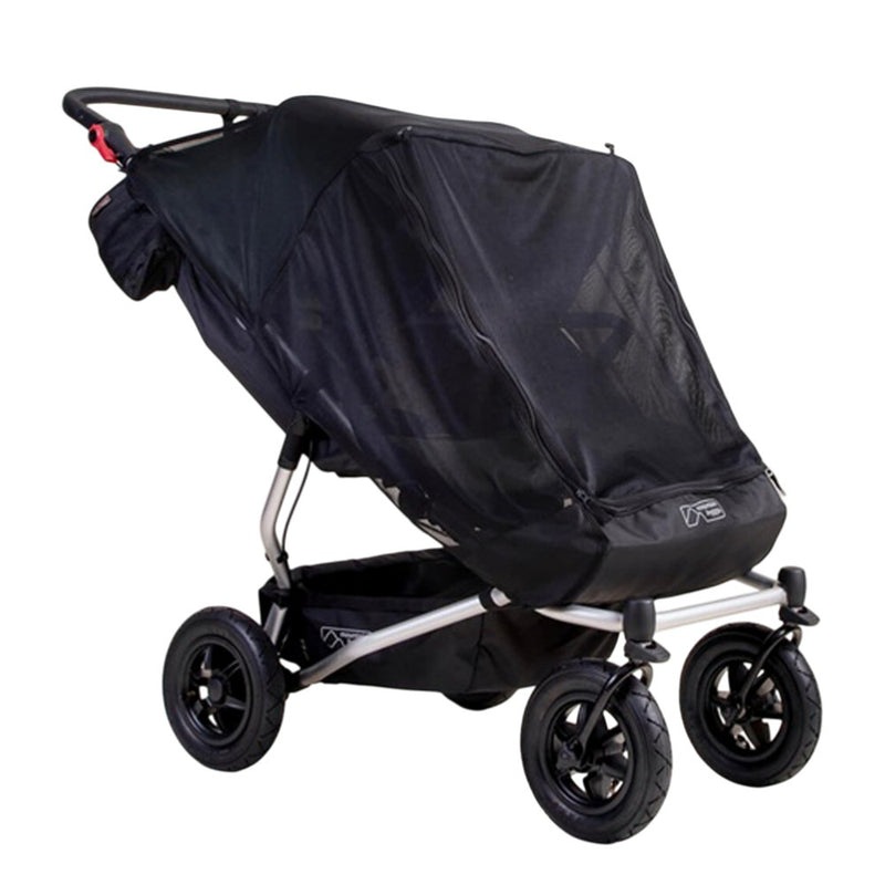 The Mountain Buggy Duet Double Sun UV Mesh & Blackout Cover Set by Mountain Buggy features a silver frame, four large wheels, and a blackout mesh cover for two children—offering superior sun protection, shade, and ventilation.