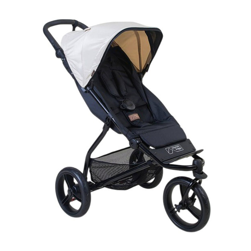 The Mountain Buggy Swift by Mountain Buggy is a sleek black 3-wheel stroller with a white canopy, padded seat, safety harness, large rear wheels, a small front wheel, and mesh basket—ideal for urban adventurers wanting a lightweight city buggy.