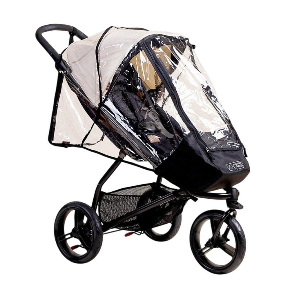 The Mountain Buggy Swift Storm Cover by Mountain Buggy offers full water-resistant protection for your stroller seat, including a transparent rain shield and storage basket access. Designed for the Swift buggy with three large wheels.
