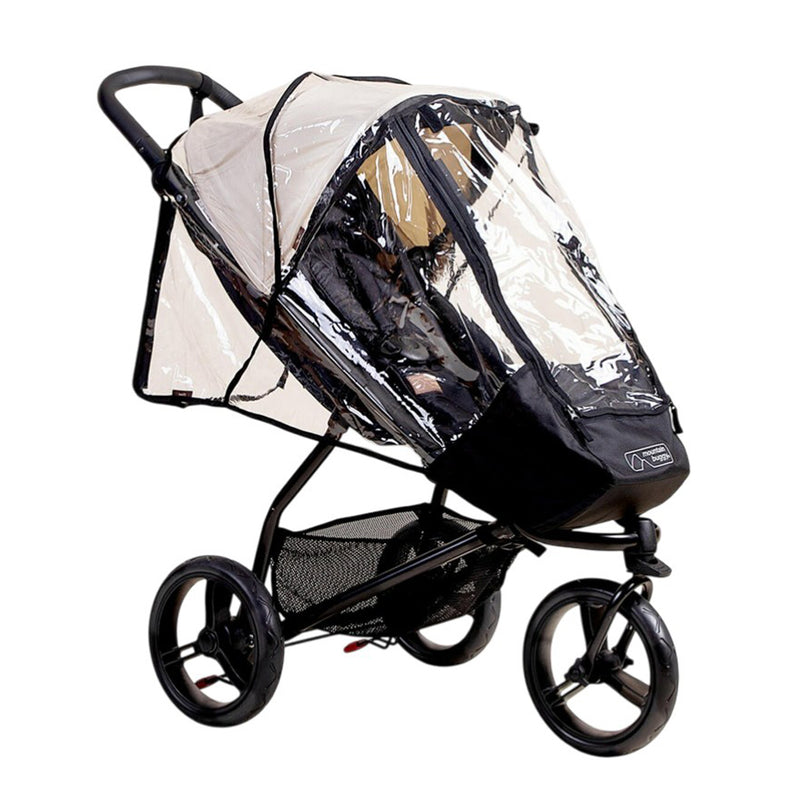 The Mountain Buggy Swift Storm Cover by Mountain Buggy offers full water-resistant protection for your stroller seat, including a transparent rain shield and storage basket access. Designed for the Swift buggy with three large wheels.